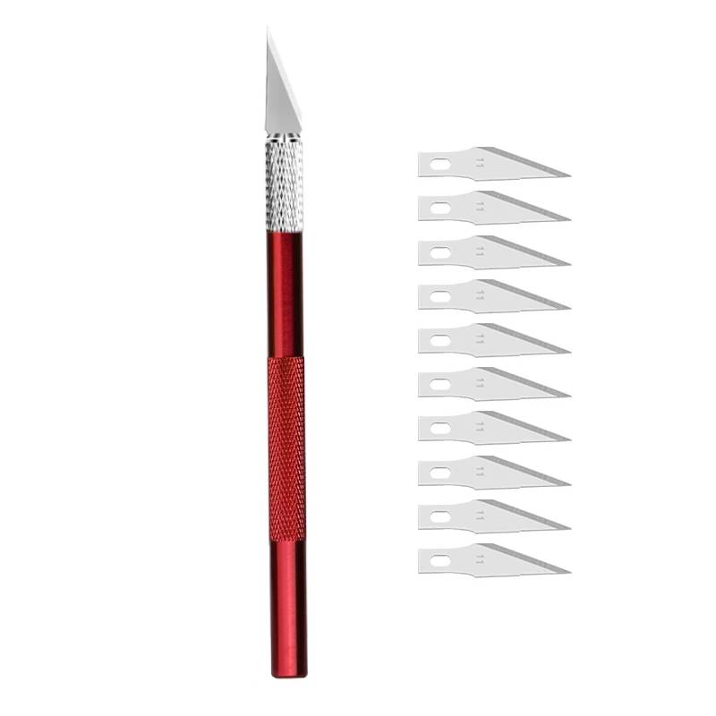 Fniiva-cortador de grabado con hoja de 5 uds., mango de Metal, escultura artesanal, papel, cuchillo antideslizante, herramientas de cuero de mano para reparación DIY: Rojo