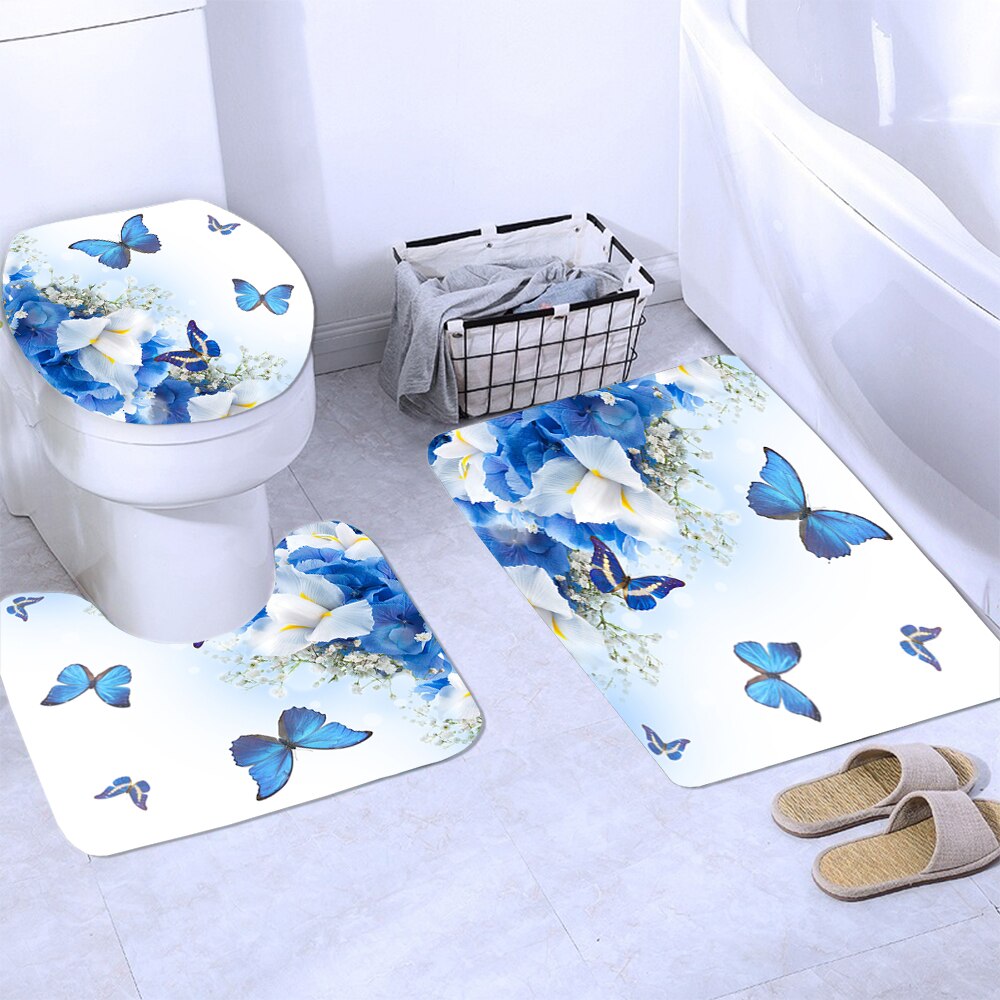 Bellissimo motivo floreale tenda da doccia tessuto impermeabile farfalla blu tende da bagno Set piedistallo coperchio copriwater tappetino: 3 PCS