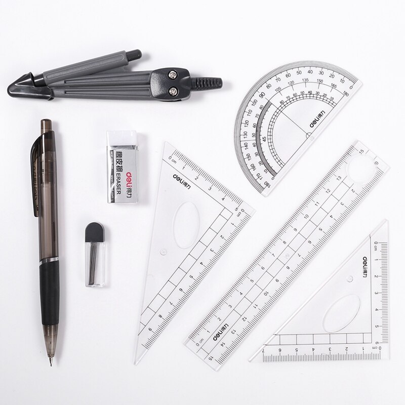 8pcs/set Plastic Geometry Protractor Drawing School Eraser Compasses Set Math Ruler For Students Learning Supplies