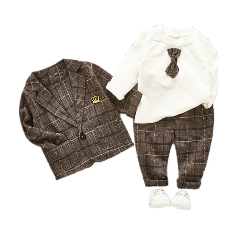 Lente herfstkleding kinderen jongens traliewerk pak stropdas t-shirt broek 3 stuks/sets kinderen baby katoenen kleding peuter casual kleding