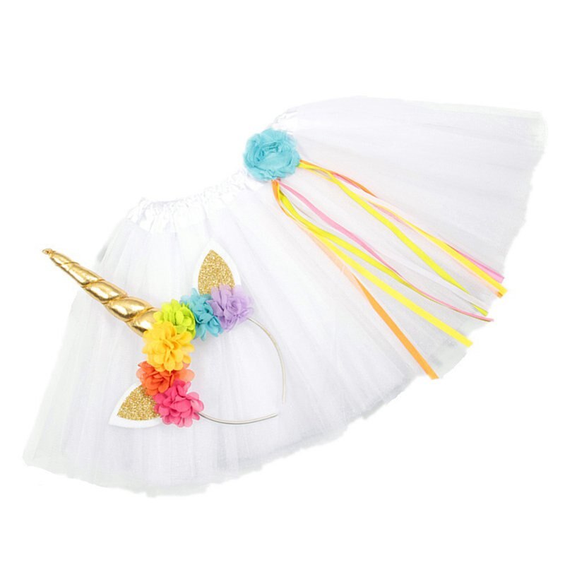 Vogueon criança do bebê tutu saia 9 cores elástico em camadas uma linha meninas arco tutu flor com unicórnio bandana para festa de aniversário