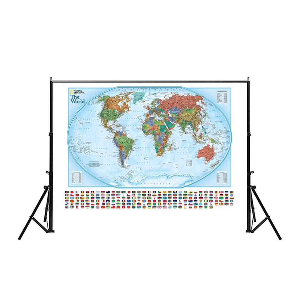 150 x 225cm non-woven fysisk verdenskort med nationale flag verdens hammer projektion kort for kultur og uddannelse