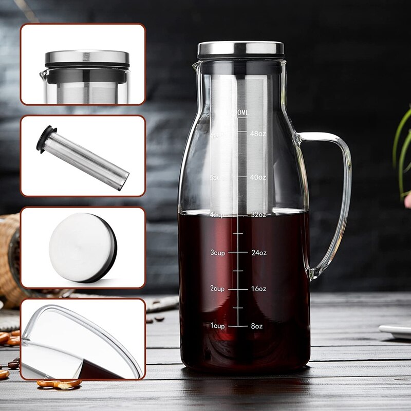 Cold Brew Coffee Maker, Iced Coffee Maker with Airtight Lid and Removable Filter, Iced Tea Maker,Glass Pitcher