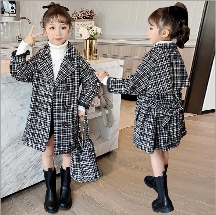 Trench Coat For Girls Autumn Winter Plaaid Coats And Bag High-grade Double-breasted Windbreaker Coat: Gray / 8  130cm