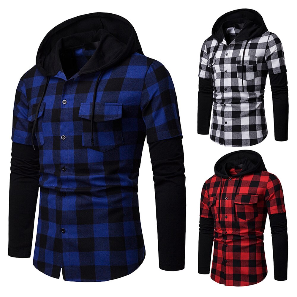 Mænds casual slim fit skjorte plaid hætte med to lommer langærmet top skovhugger ternet skjorte jack tøj 205 #39