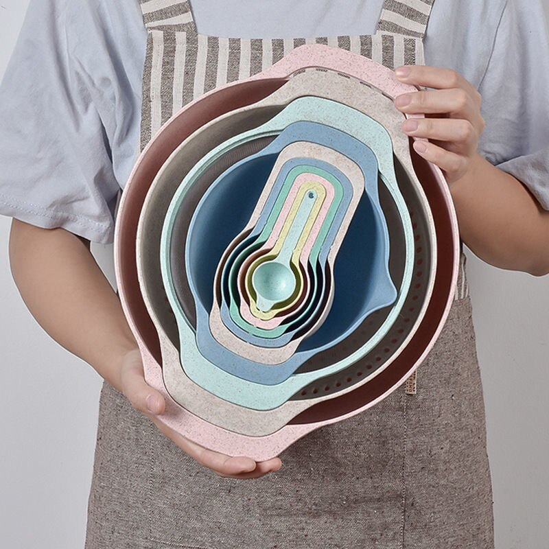 10Pcs Set Mixing Bowl Colour Measure Cup Spoons Baking Measurement Utensil Kitchen Measuring Colander Colander Sifter Tool