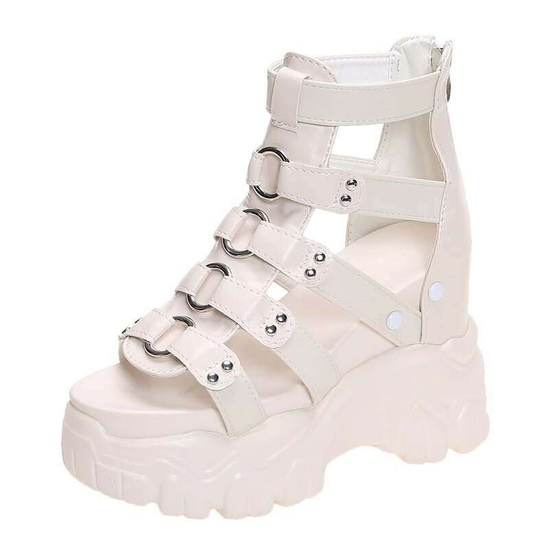 Kvinners tykke gladiatorsko til sommeren, tykk joggesko med hødu plattformsandaler, hule ut, 8cm kilehæler, strandsandaler: beige / 35