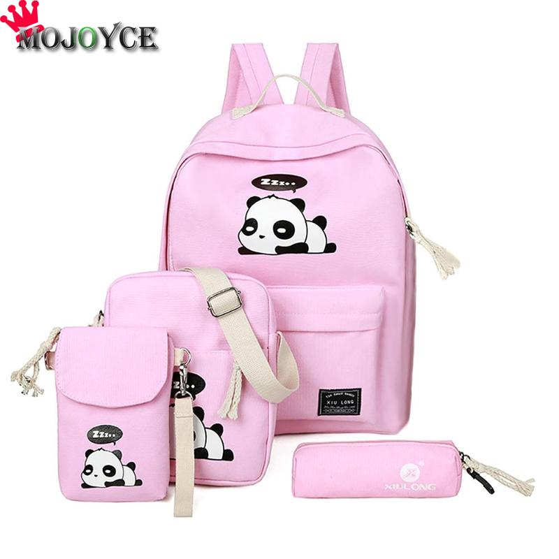 4 pçs/set bonito dos desenhos animados das mulheres panda impresso mochilas lona ombro clutch schoolbags composite sac a dos mochila feminina 2018