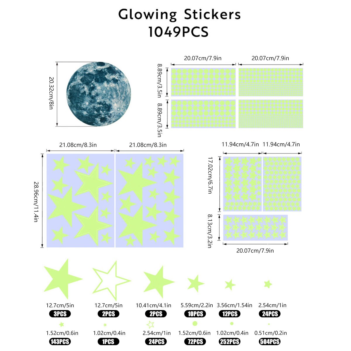 1049Pcs Glow in The Dark Stars and Moon Wall Stickers Adhesive Glowing Stars Beautiful Wall Decals Kids Room Ceiling Walls Decor