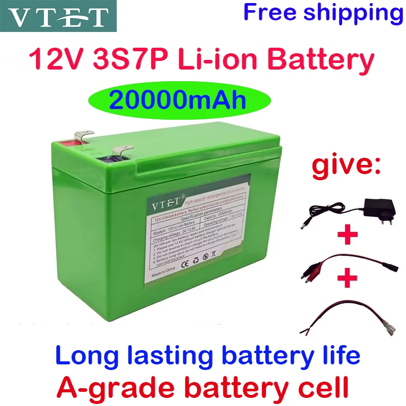 12V DC 15Ah-20Ah 3S7P 18650 High-capacity Lithium Battery, Suitable for Standard 12Voltage Equipment+12V 3A Charger+BMS 1KG