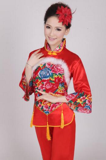 Mujer rojo estampado estilo más joven abanico traje baile con tambores ropa traje de actuación disfraz de Baile Folclórico chino