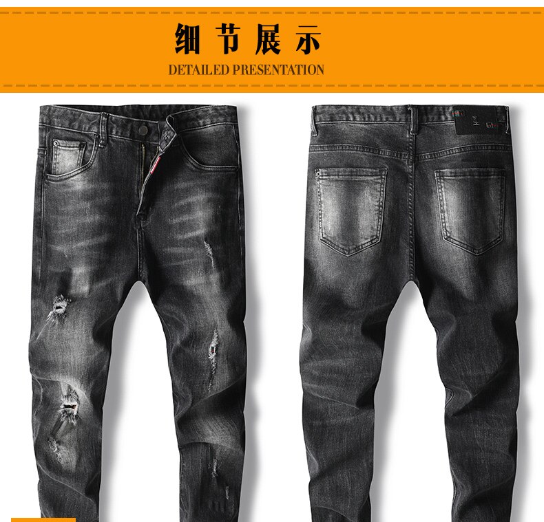 Zwarte heren jeans gescheurde gescheurde jeans voor heren bedrukte skinny stretch strakke broek lange broek geschilderd hiphop herfst winter