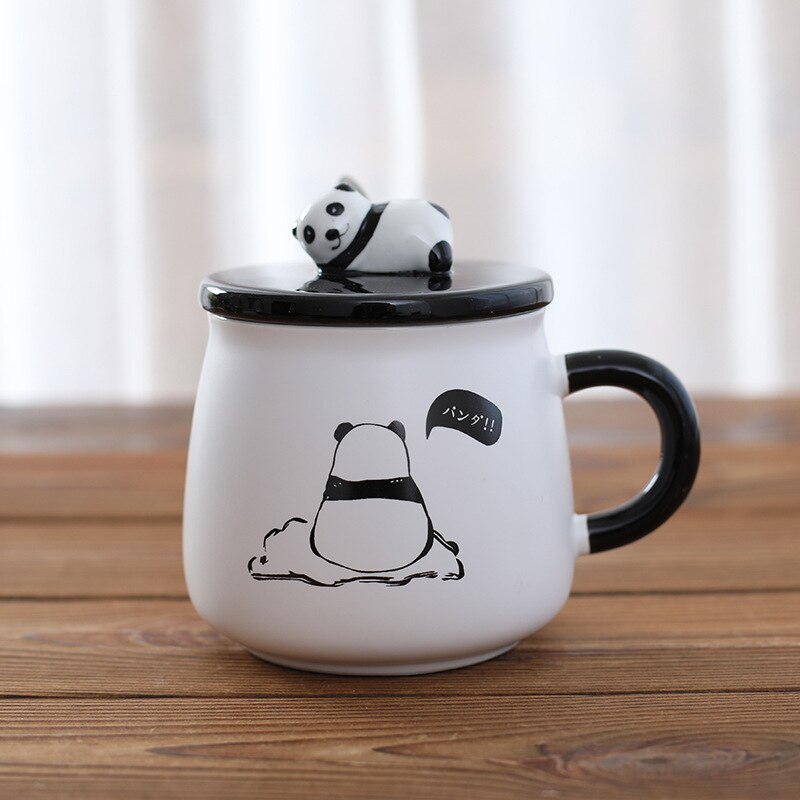 3d panda keramiske kaffekrus med lokk med skje bursdag tegneserie panda keramiske krus: Tilbake