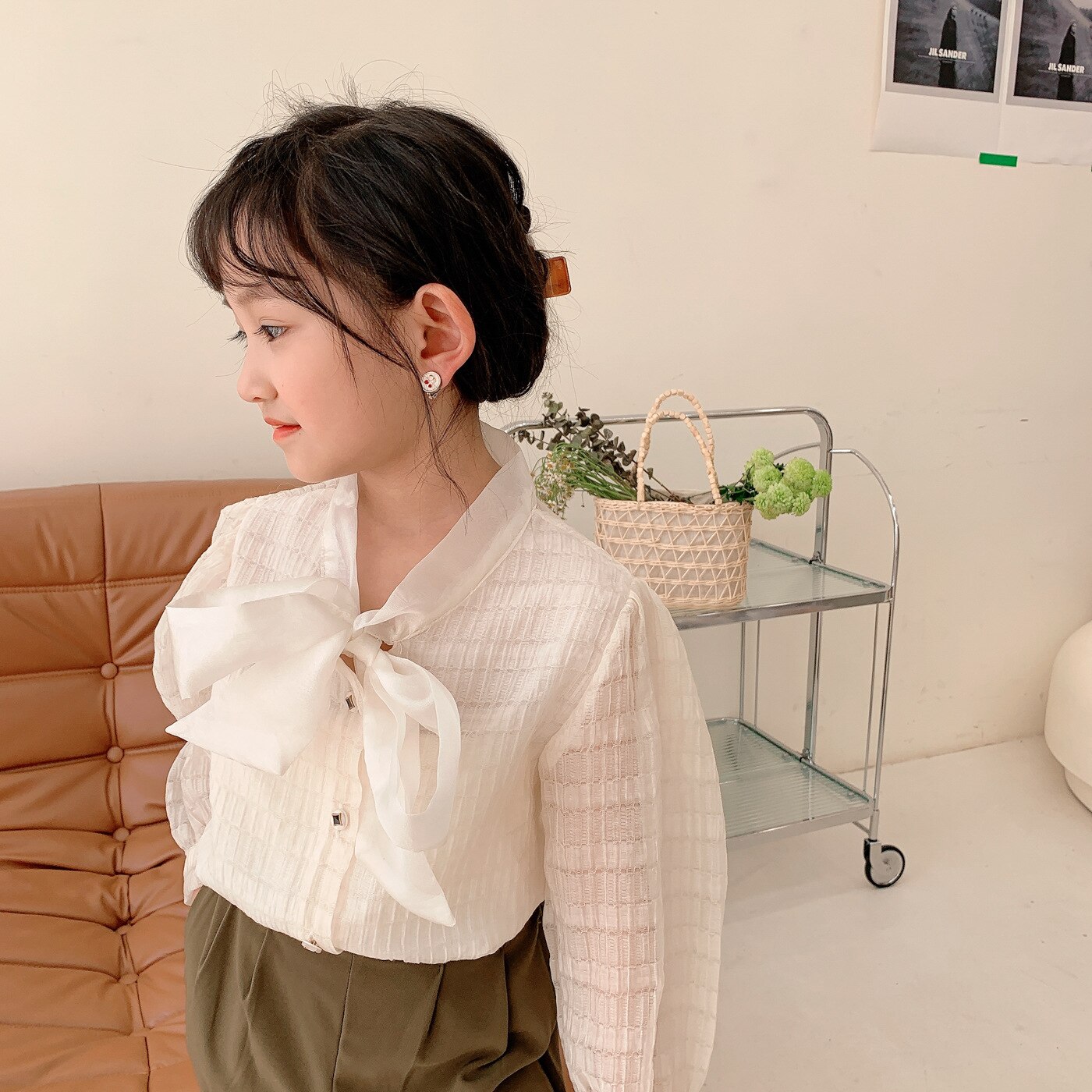 Preppy Style Girls Bows Ties White Blouse for Kids Lovely Long Sleeve Spring Costume Show Basic Tops Outfit Children