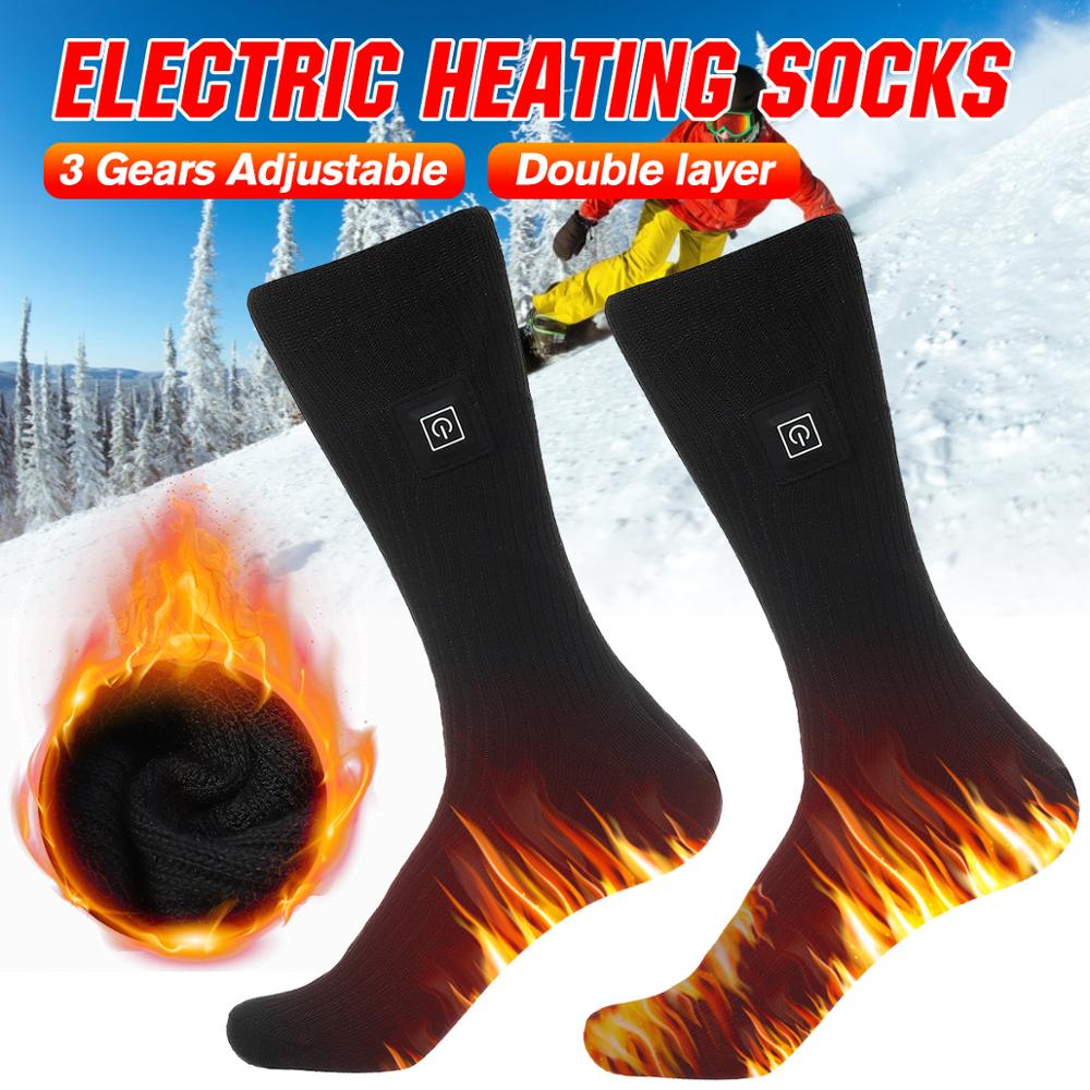 Chaussettes chauffantes électriques réglables à 3 vitesses 2 couches épaissir les chaussettes de Ski de Sport rechargeables hiver pieds plus chauds hommes femmes cyclisme Sport