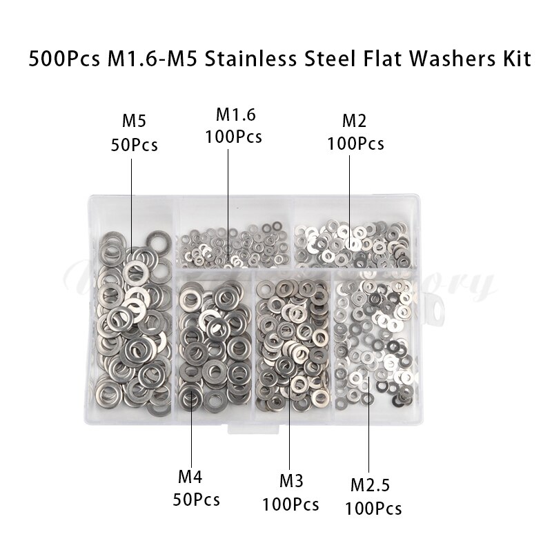 500 unids/set DIN125 M1.6/M2/M2.5/M3/M4/M5 304 arandela plana de acero inoxidable juego de surtido de juntas de arandela plana