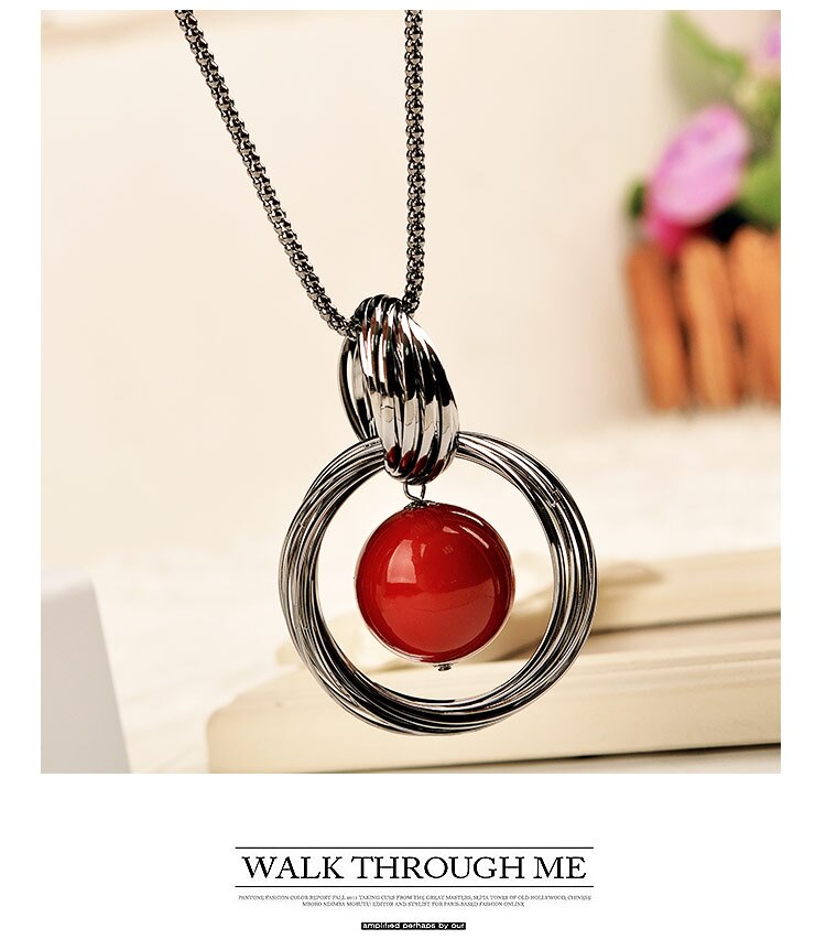 Shelves Ladies Silver Round Red Beads Pendant Necklace Black Rope Long Section Winter Sweater Chain Sales