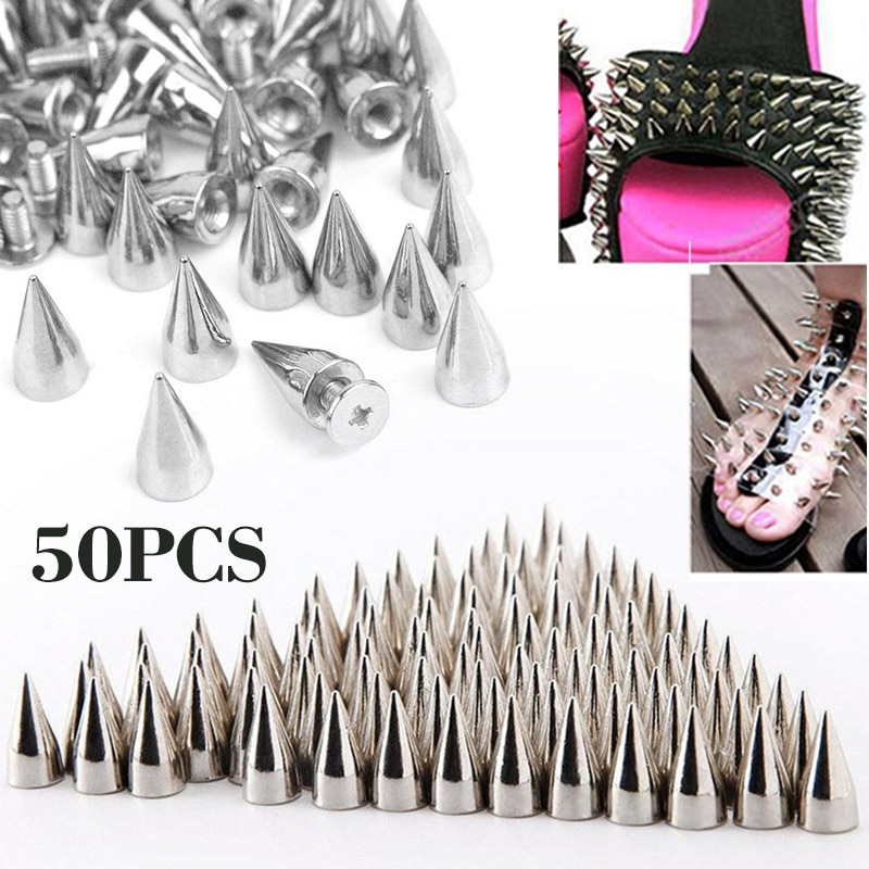 50 Uds. Tachuelas cónicas de Metal plateado de 9,5mm remache de punto de bala tornillo remachado prenda para ropa bolsa zapatos cuero DIY artesanía