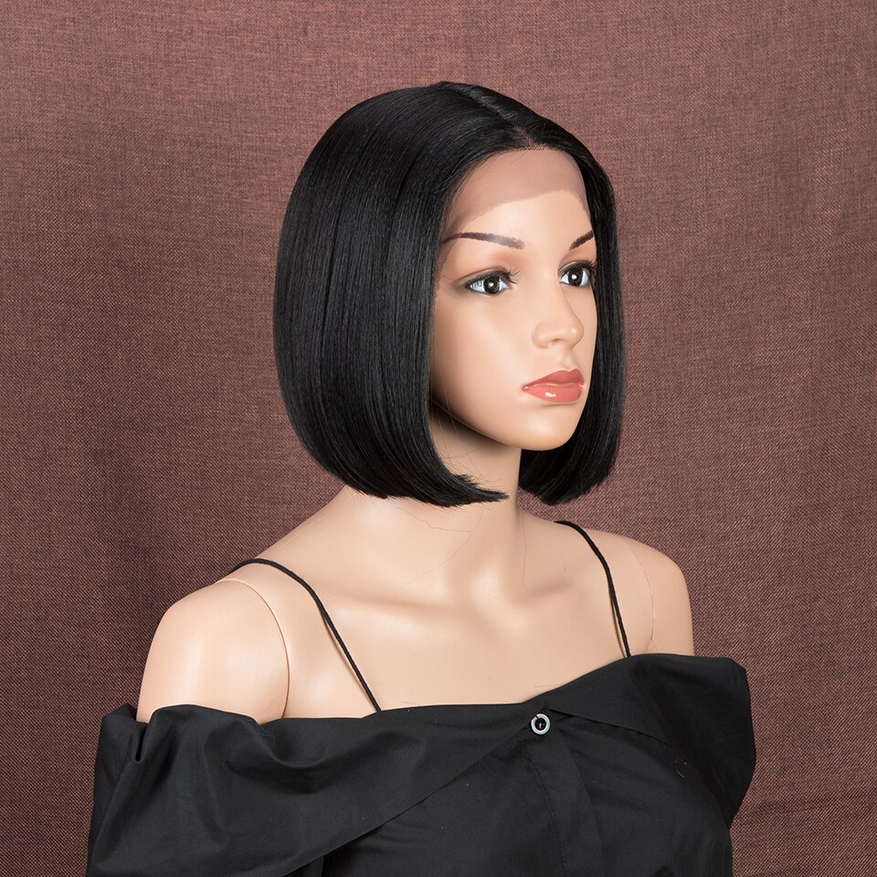 Magic 11inches Black Bob Wig Middle Part Synthetic Front Lace Wig For Black Women High Temperature Heat Resistant Fiber Hair