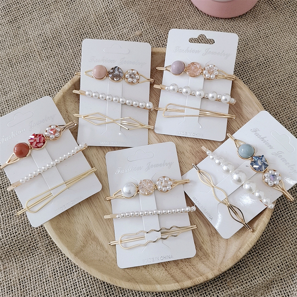 3 unids/set de pinzas para el cabello con diamantes de imitación y perlas para mujer, horquilla con flequillo geométrico ahuecado, accesorios para el cabello para niñas