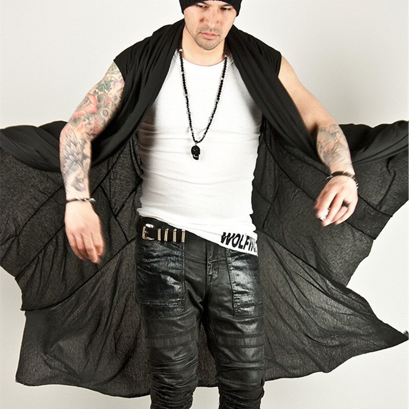 Nightclub men hip hop punk long vest sleeveless shirt cape man gothic style streetwear vest singer stage cardigan costume