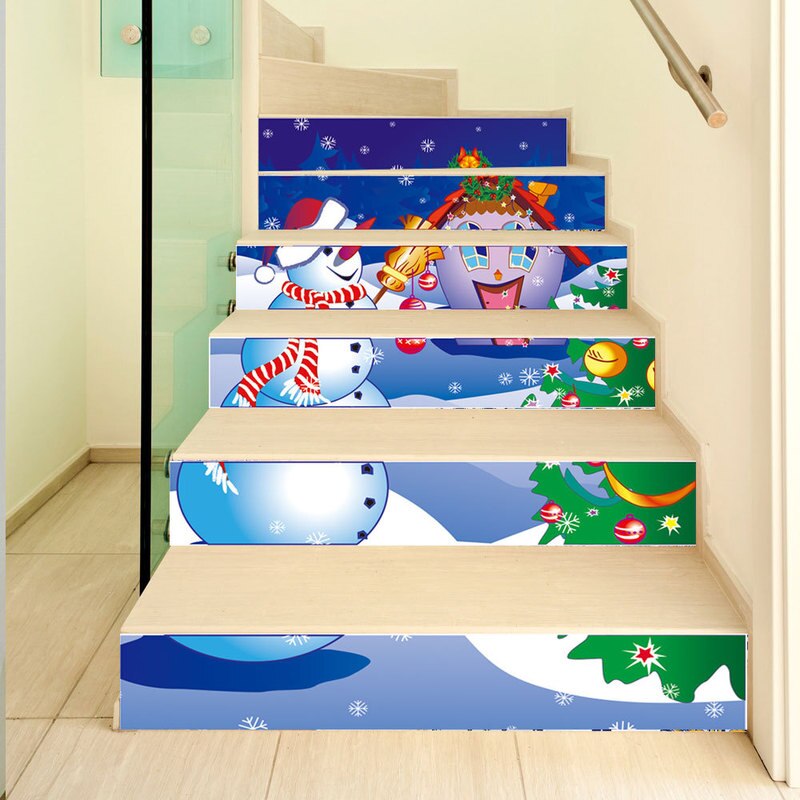 6 Stuks/set SLT024 Cartoon Kerst Sneeuwpop 3D Simulatie Trap Plakken Waterdicht Stap Decoratieve Muur Pasta Home