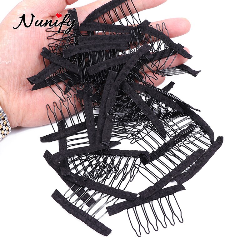 Nunify spets peruk klämmor stål 4/6/8 tand polyester slitstark tyg peruk kammar för hårstycken kepsar peruk tillbehör verktyg 24 st/lot