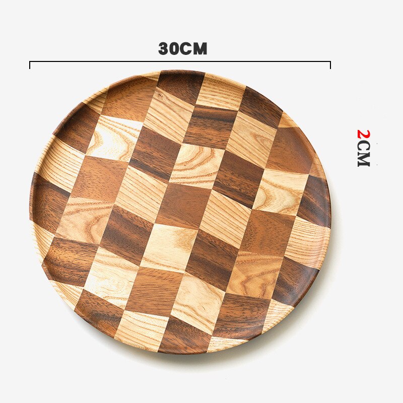 Grid Pattern Solid Wood Pan Plate Fruit Dishes Saucer Tea Tray Dessert Dinner Bread Wood Plate: 30CM