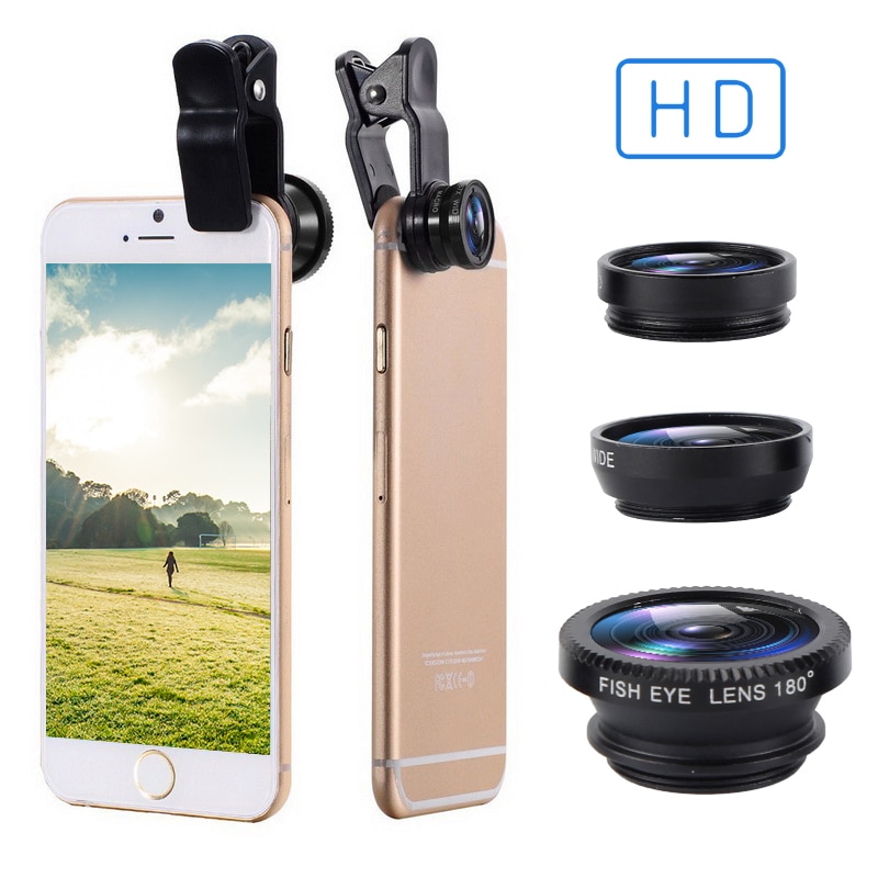 1pc newest Fisheye lens 3 in 1 lenses mobile phone clip lens wide angle lens camera macro for iPhone Xiaomi Huawei Lenovo