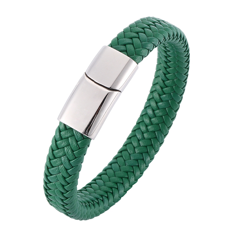 Pulsera de cuero trenzado verde para hombre, joyería masculina de acero inoxidable, Cierre magnético, Pulseras de , accesorios SP0016: Steel color buckle / Inner Perimeter195mm