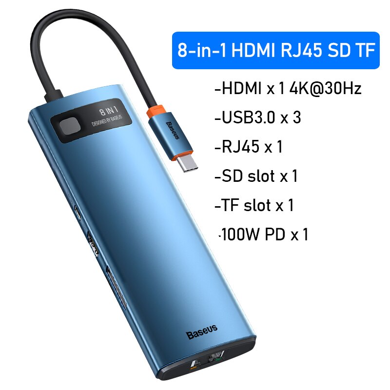 Baseus – HUB USB 3.0 Type C vers HDMI, adaptateur de lecteur SD RJ45, séparateur HUB USB-C 8 en 1 pour MacBook Pro Air et ordinateur portable: 8 in 1 HUB Blue