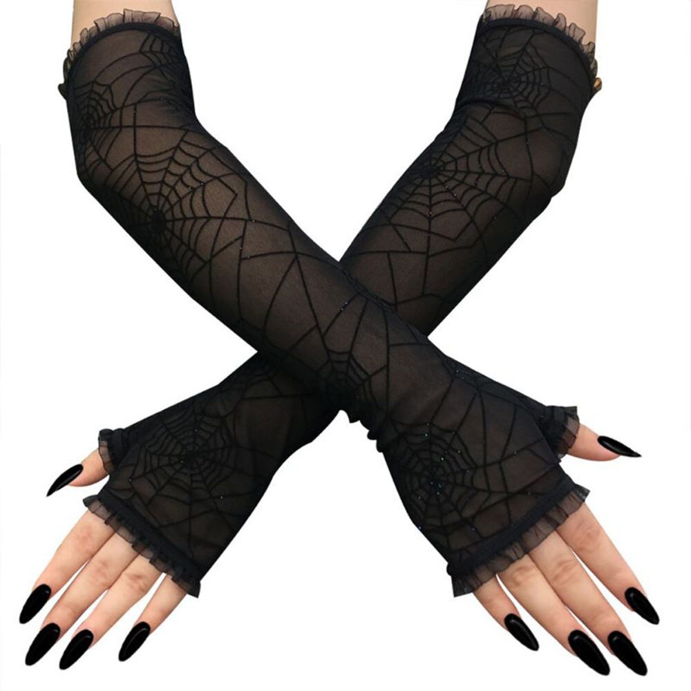 Gants longs sans doigts pour femmes, 1 paire de mitaines chauffantes en toile d&#39;araignée avec strass, accessoires de Costume Cosplay pour fête: Default Title