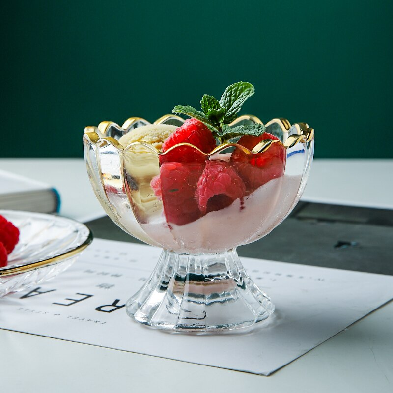 Glas is kop og tallerken guldkant europæisk stil glasskål salatskål frugtskål glas dessert tallerken kage tallerken og fade