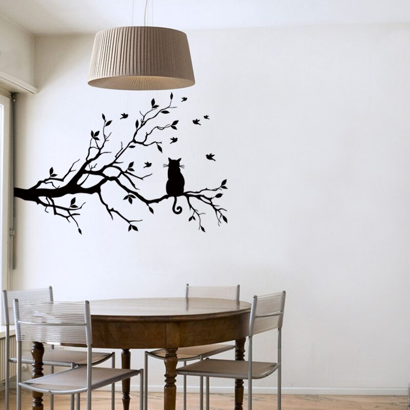 Katze Auf Ast VöGel Wandaufkleber Baum Vinyl Wandtattoo Adesivi Murali Glasfolie Fensteraufkleber Heimat Deko Zauberstab Kunst D503