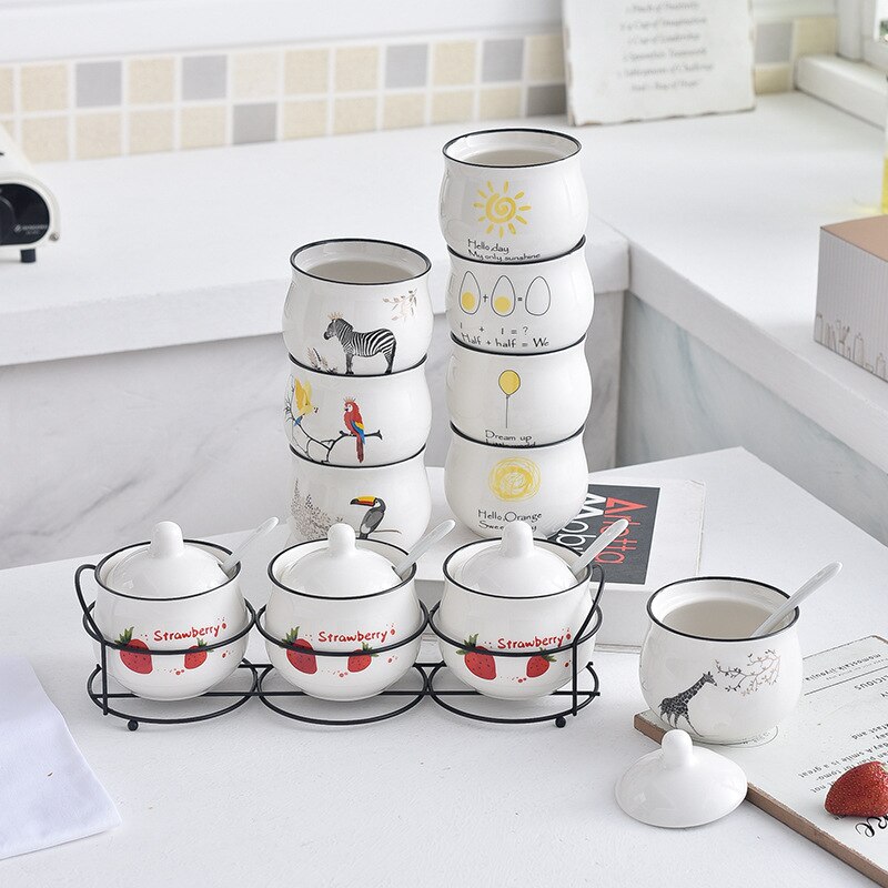 Seasoning pot set Three-piece ceramic seasoning pot kitchen supplies oil and salt pot combination with shelf