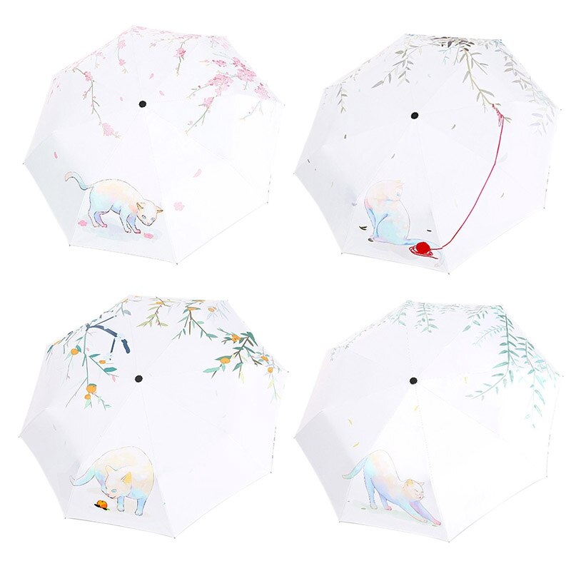 Sun Umbrella Rain Three Folding Umbrella Lovely Cat Female Parasol Four Seasons Cat Illustration Umbrella