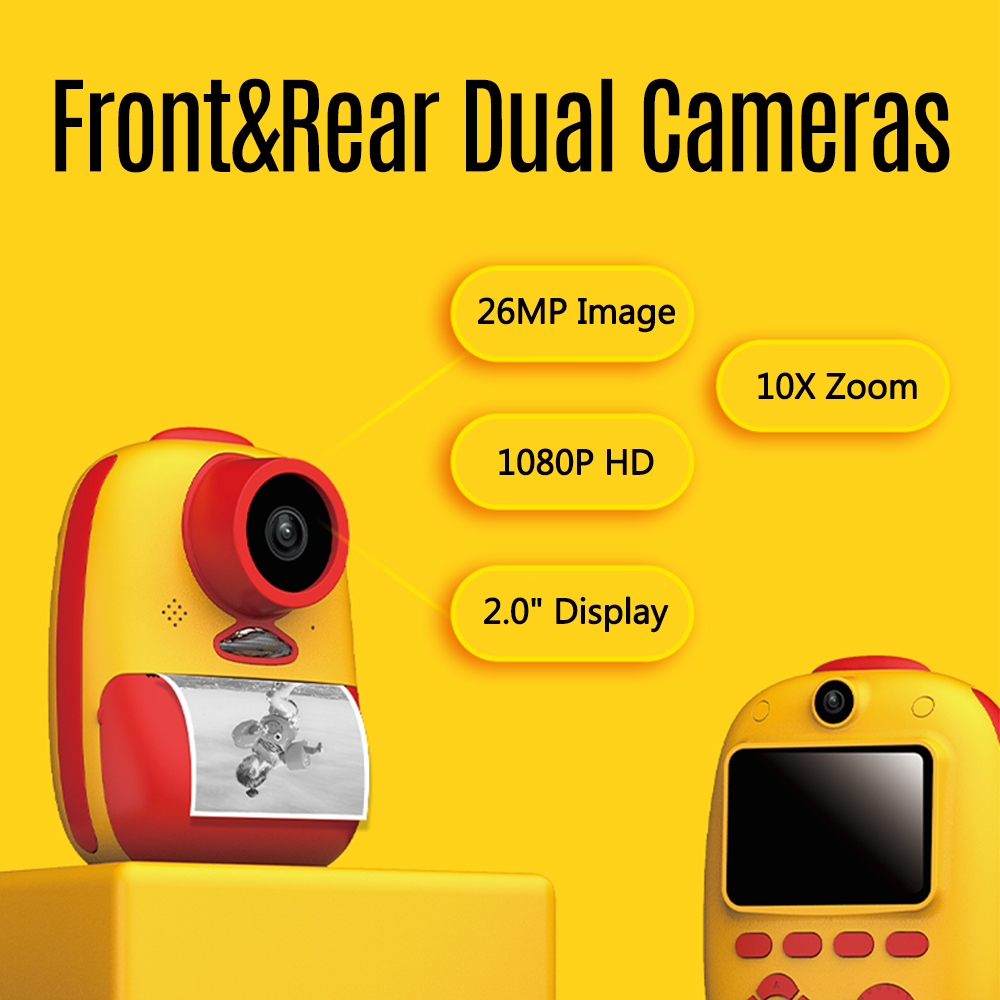 Digital Kids Camera Instant Print Cameras Built-in Lithium Battery Dual Camera Lens 26MP 1080P HD Resolution for Children Camera