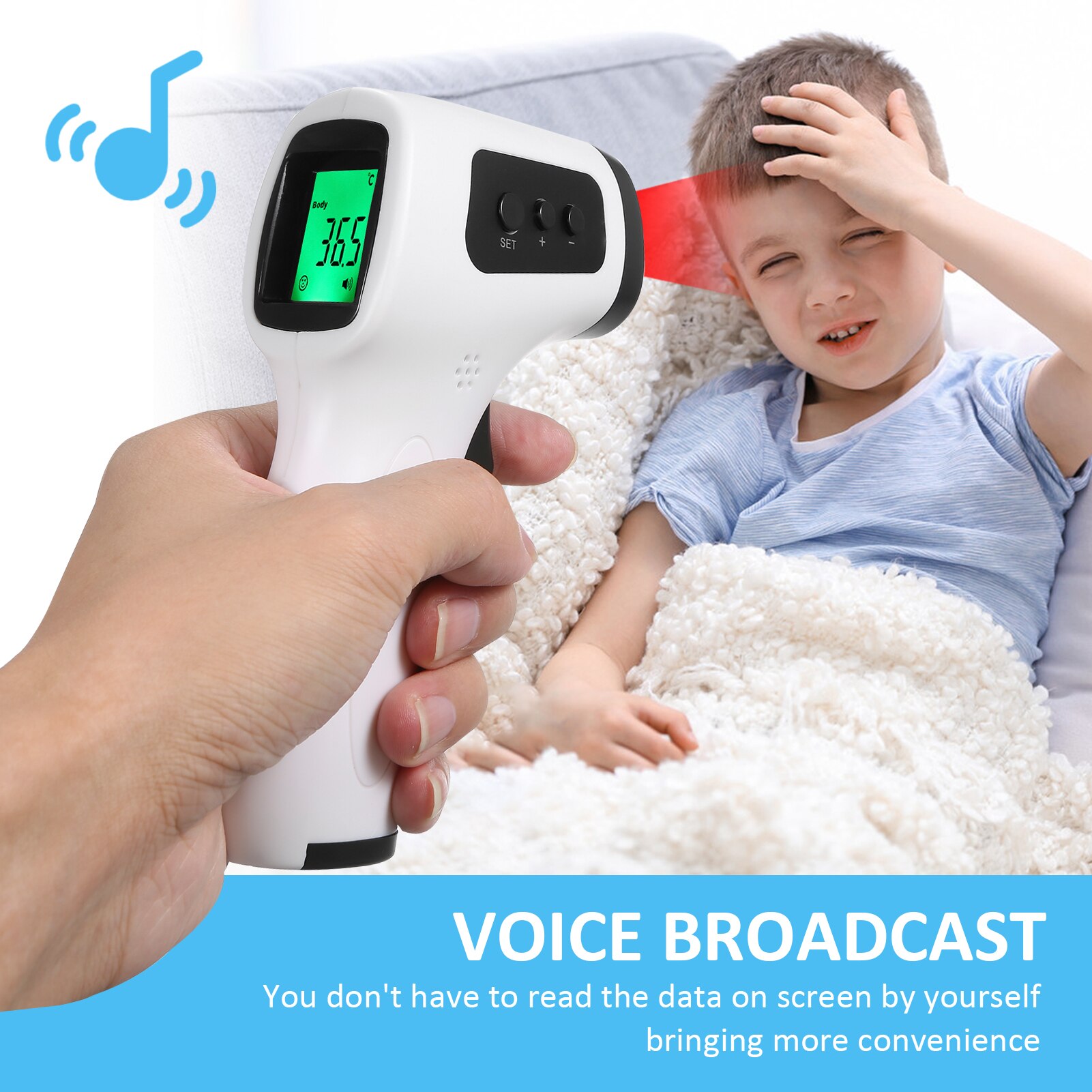 Voice Broadcast Non-contact Infrared Thermometer Forehead Temperature Measurement LCD 3 Colors Backlight Digital Display ℃/℉