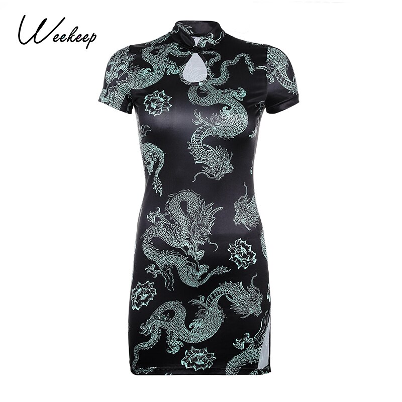 Weekeep Chinese Style Dragon Print Mini Split Dress Summer Cut Out Short Sleeve Bodycon Dresses Party Streetwear Clothes: L
