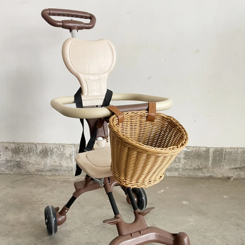 Cestino portaoggetti fatto a mano durevole e impermeabile Borsa per bagagli staccabile Cestino anteriore per passeggino per borsa in rattan intrecciato per scooter da bici per bambini