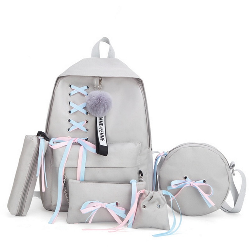 5 pçs/set mulheres mochila adolescente meninas corrente usb sacos de lona mochilas bolsa ombro feminino estudante sacos escola borla
