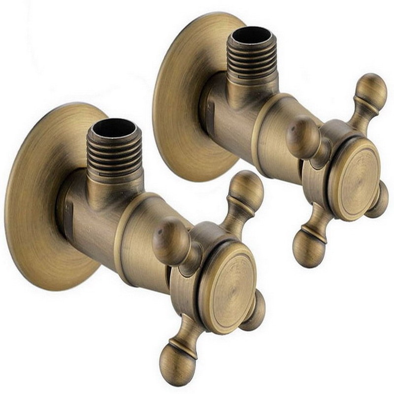 2Pcs Antique Brass Vintage Retro Cross Handles Bathroom Angle Stop Valve 1/2" Male x 1/2" Male Thread aav007