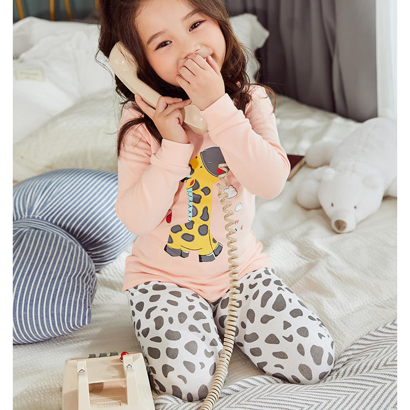 Girls' Printing Cartoon Giraffe Spot Round Neck Long Sleeve Pajamas Children Set Kids Sleepwear Trousers Nightwear Outfit