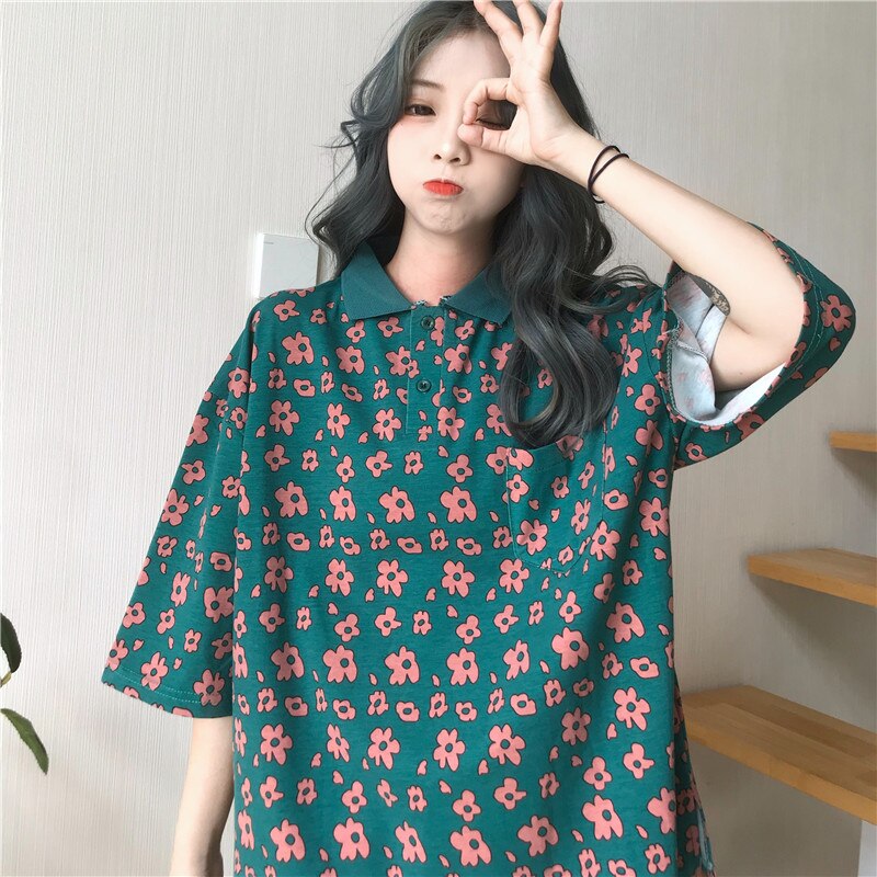 Polos japonais oversize pour femmes, bleu et jaune, manches courtes, ample, imprimé cœur, été,  l0735: Vert foncé / Xl