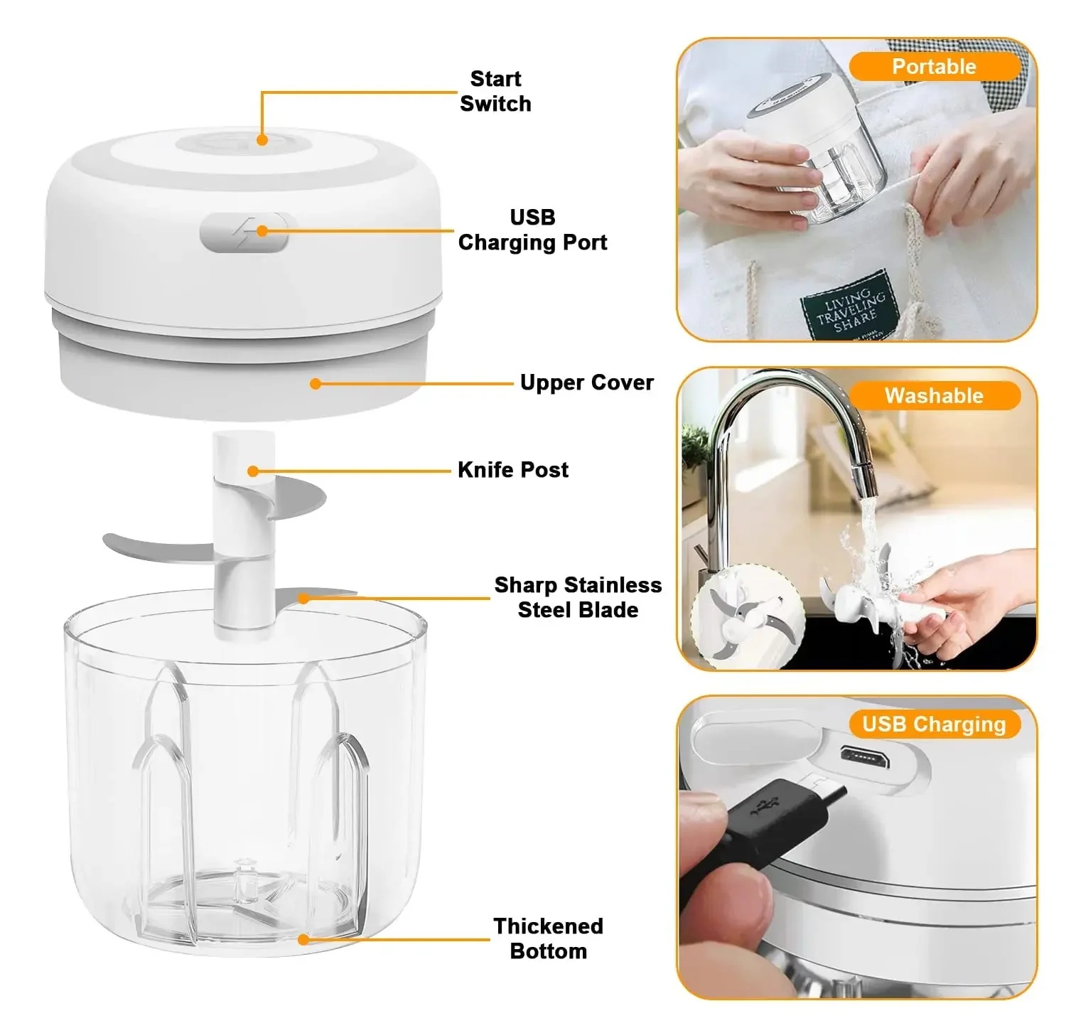 300ML elektryczny rozdrabniacz do czosnku USB ładowanie żywności warzywa mięso kruszarka ze stali nierdzewnej Mini Chili czosnek Masher gadżety kuchenne