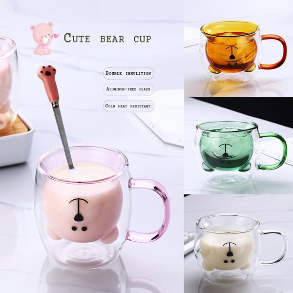 250Ml Kleurrijke Creatieve Beer Kat Cup Dubbel Glas Koffie Melk Cup Kids Sap Pudding Cups
