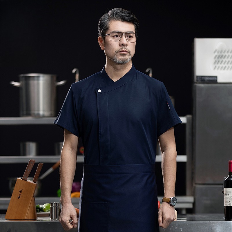 Chef Uniform Short Sleeve Summer Workwear Solid Color Slant Collar Unisex For Kitchen Staff