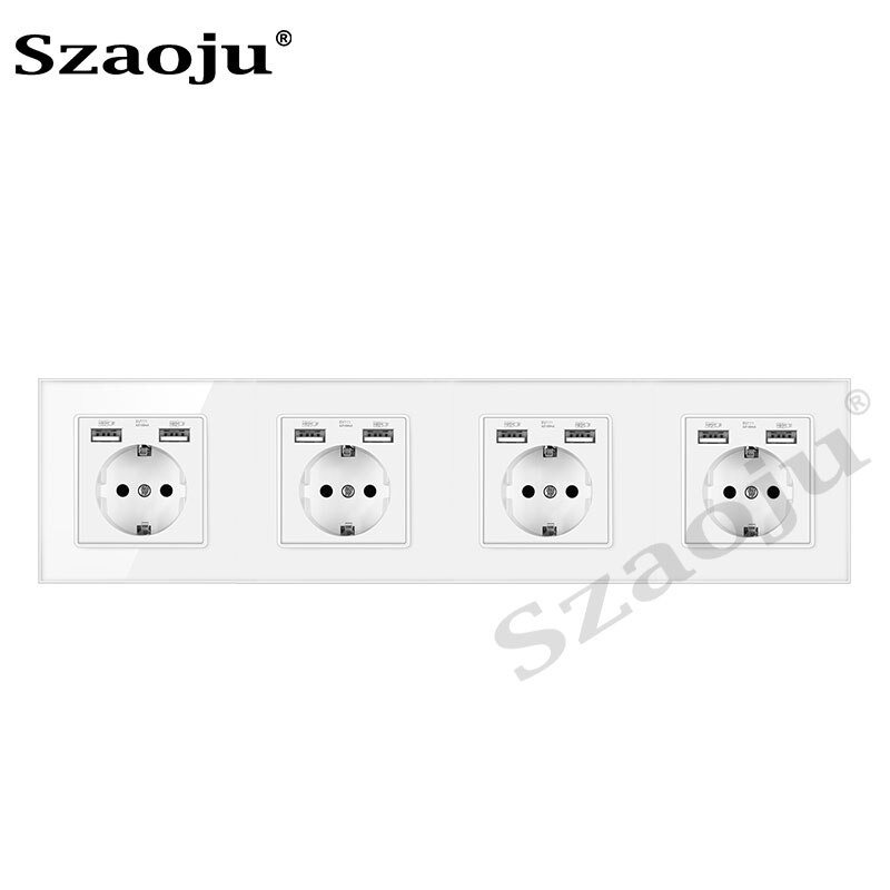 Szaoju wall socket German standard 16A crystal tempered glass panel socket Siamese power socket with USB charging AC110-250V: German 4USB
