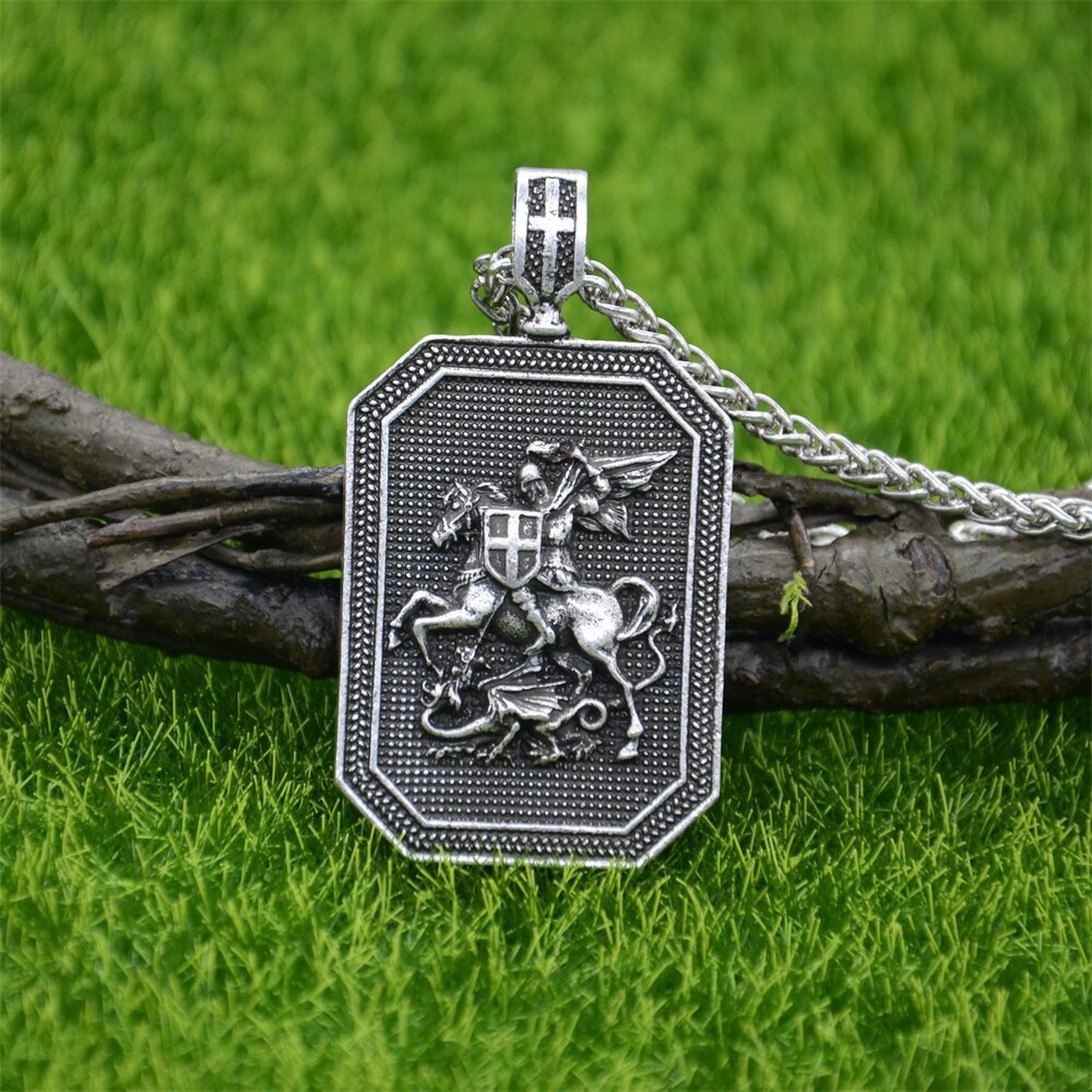 St. George Beschermen Ons Doden Dragon Saint Shield Hanger Religieuze Gebed Ketting Mannen Talisman Sieraden: Metal Chain Silver