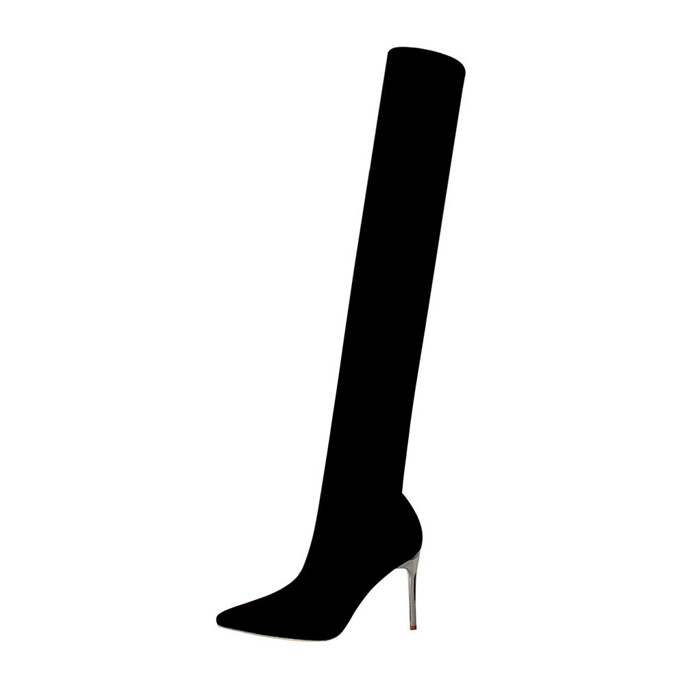 BIGTREE botas calcetín de tejido elástico de botas altas sexis puntiagudas sobre el talón de la rodilla muslo alto puntiagudo dedo del pie Mujer: 40